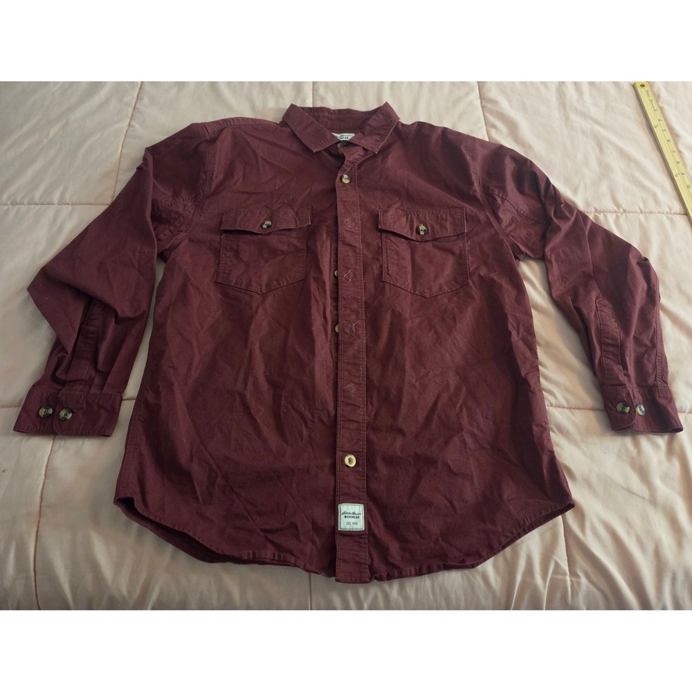 Eddie Bauer Workwear Mens Medium Foreman Fit Burgundy Button Down Shirt Stretch